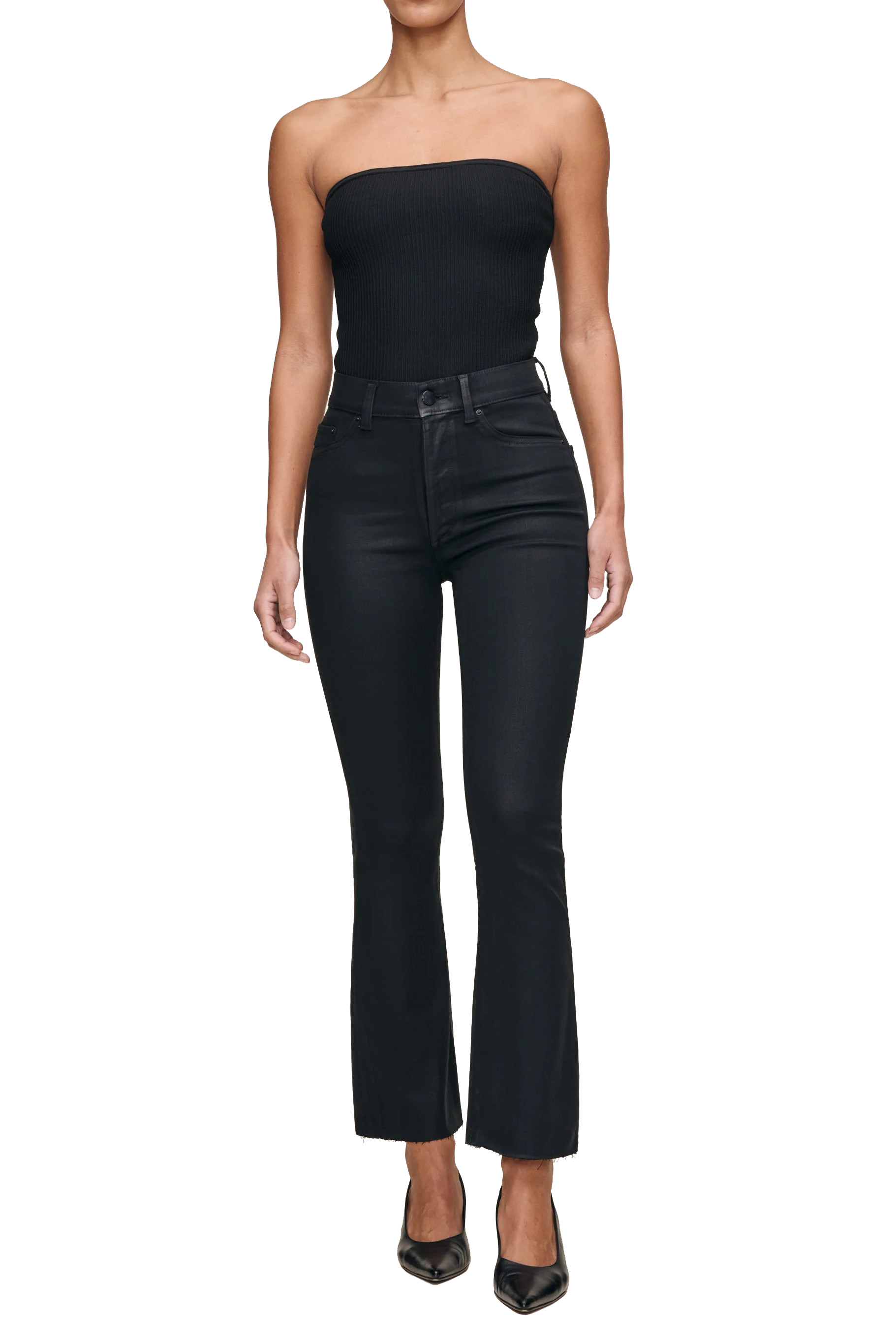Bridget jeans with high rise, black coated denim, and slightly flared ankle length - Sasssanova
