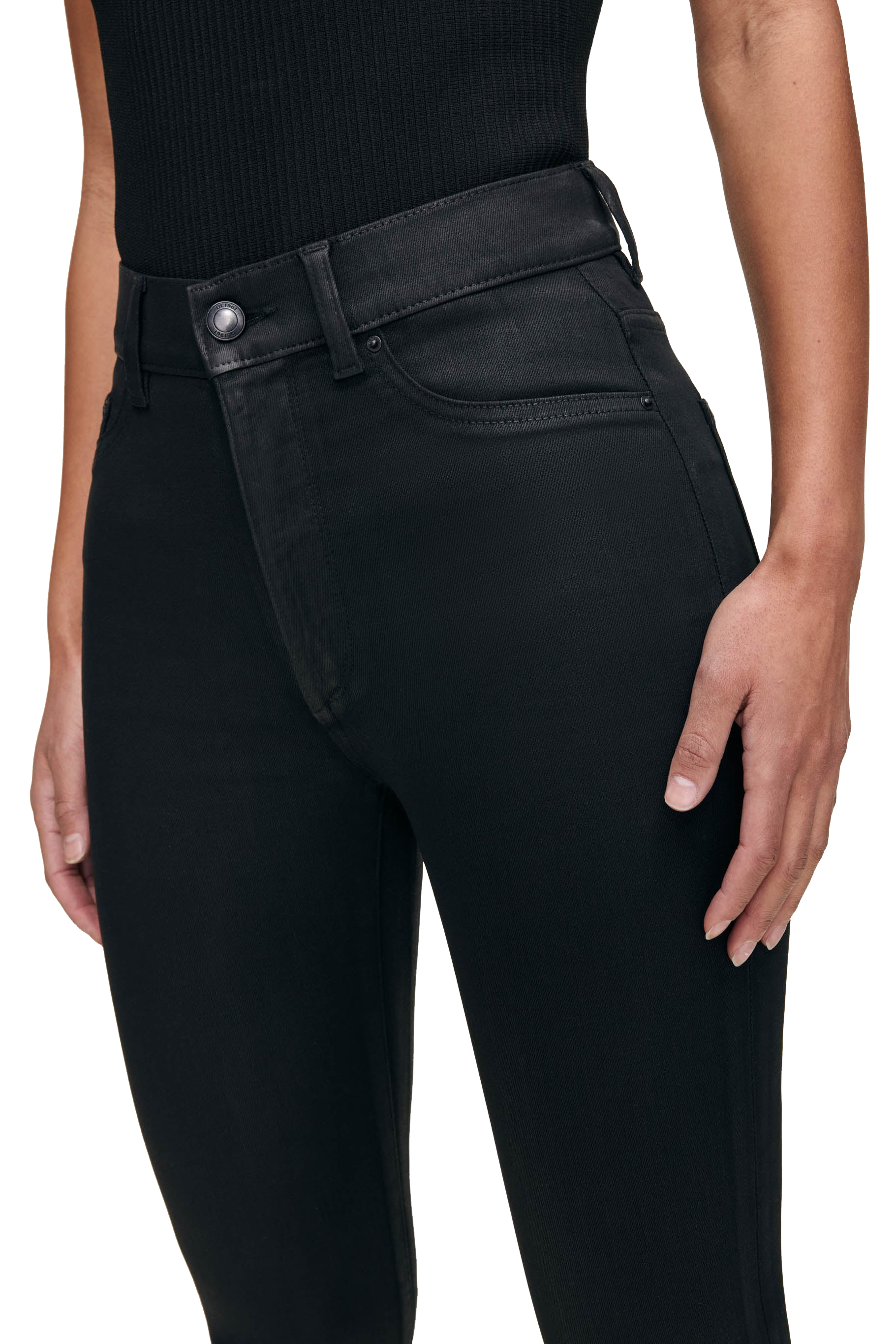Bridget jeans with high rise, black coated denim, and slightly flared ankle length - Sasssanova