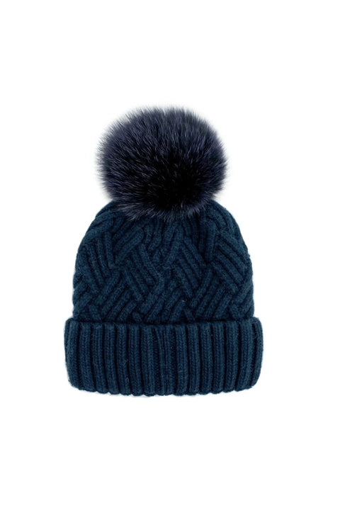 KNIT HAT W/FUR POM