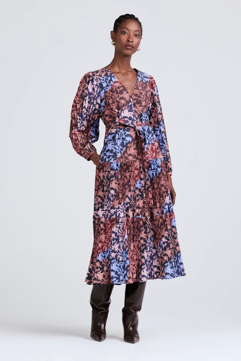 FERRIS PLEATED V-NECK MIDI DRESS