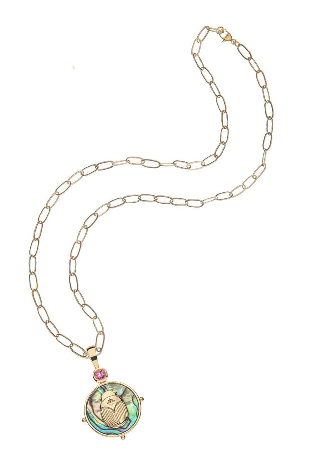 PROTECT ABALONE SCARAB NECKLACE- DRAWN LINK CHAIN