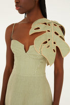STRIPED MONSTERA LEAF SLEEVELESS MIDI DRESS - Dresses - Sassanova