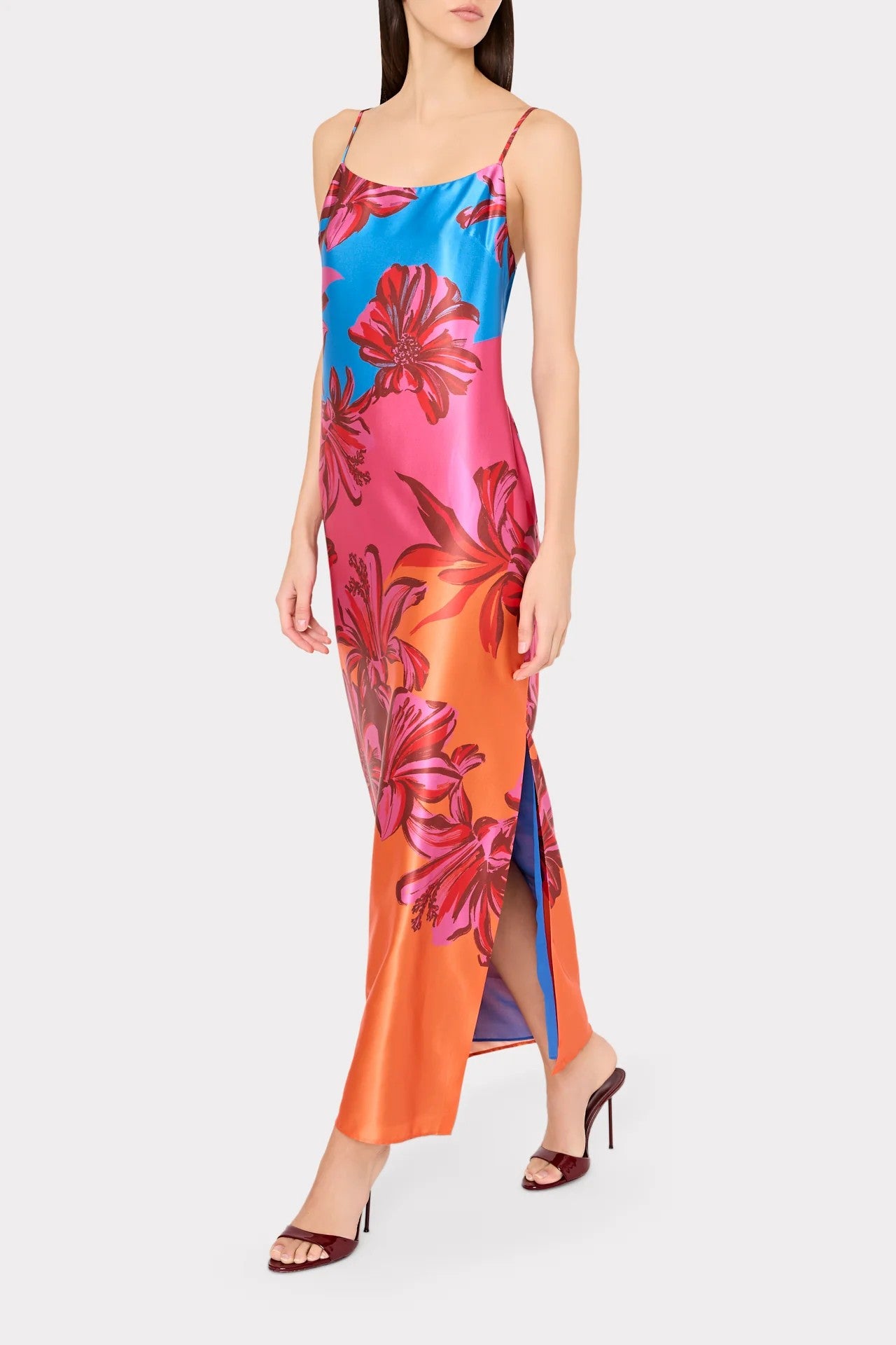 LILY SUNSET FLOWER PRINTED SATIN MAXI DRESS - Dresses - Sassanova