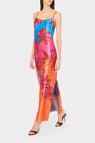 LILY SUNSET FLOWER PRINTED SATIN MAXI DRESS - Dresses - Sassanova