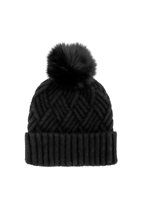 KNIT HAT W/FUR POM