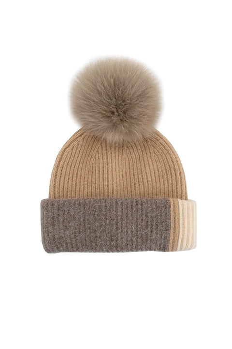 COLORBLOCK KNIT HAT W/FUR POM POM