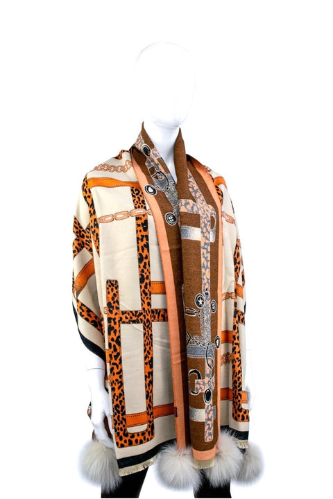 SCARF W/ANIMAL PRINT DESIGN & FUR POMS