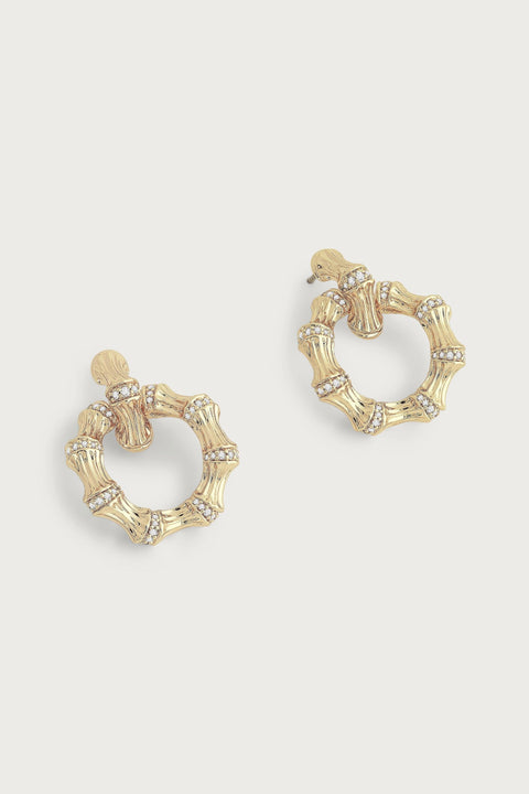 BAMBOO DOUBLE HOOP EARRINGS- GLD/CZ