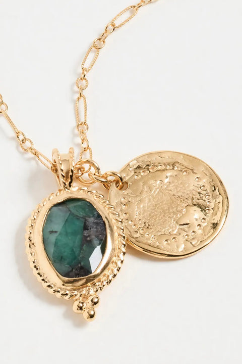 EMERALD PENDANT & COIN NECKLACE- GLD