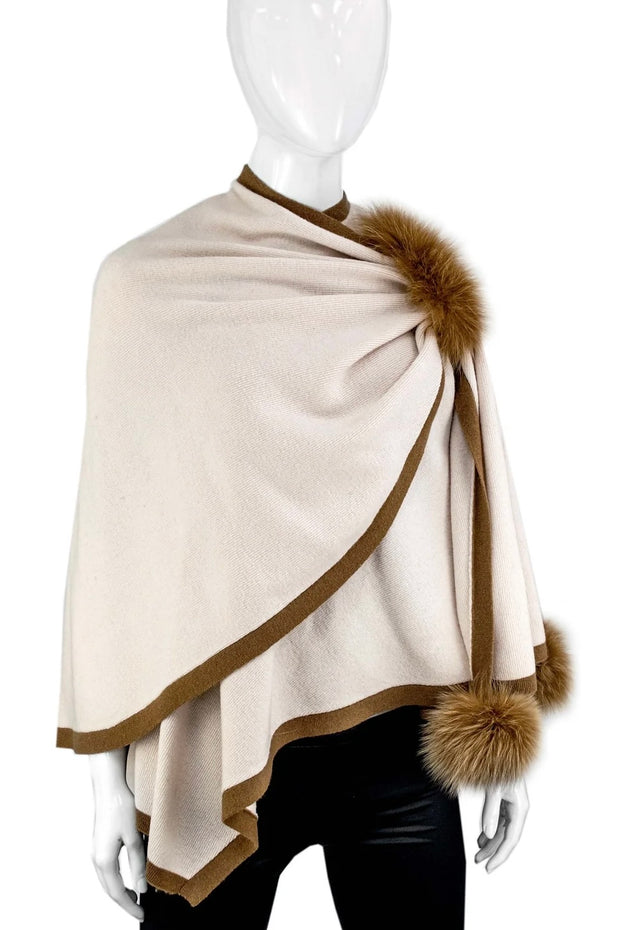 COLORBLOCK KNITTED WRAP WITH LOOP & FOX POMS