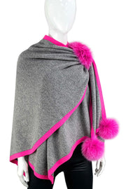 COLORBLOCK KNITTED WRAP WITH LOOP & FOX POMS
