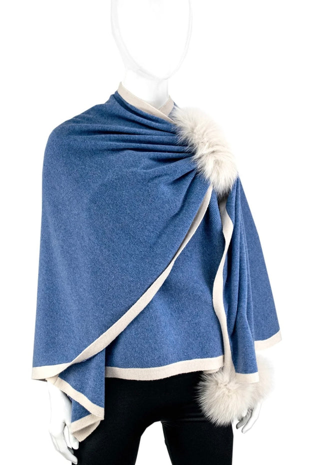COLORBLOCK KNITTED WRAP WITH LOOP & FOX POMS