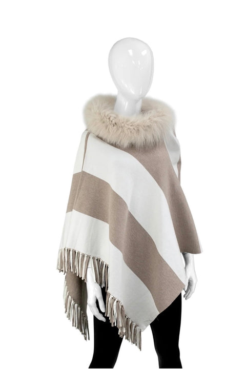 REVERSIBLE STRIPE PONCHO W/FUR COLLAR