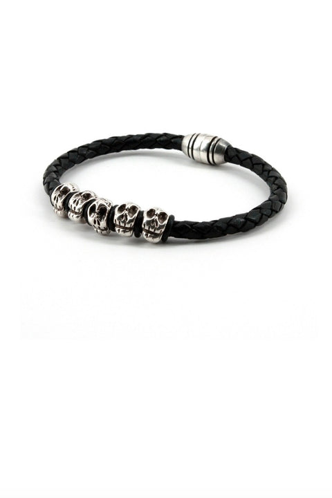 BRAIDED LEATHER BRACELET W/SKULLS