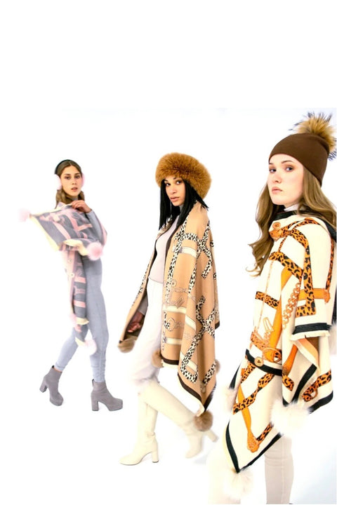 SCARF W/ANIMAL PRINT DESIGN & FUR POMS