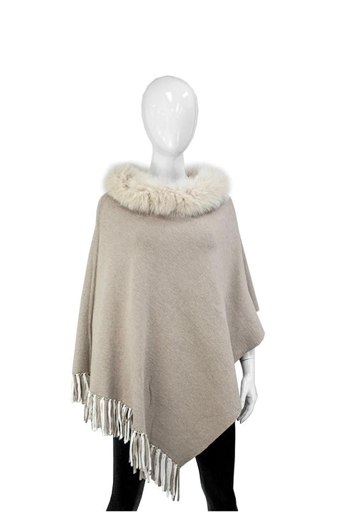 REVERSIBLE STRIPE PONCHO W/FUR COLLAR