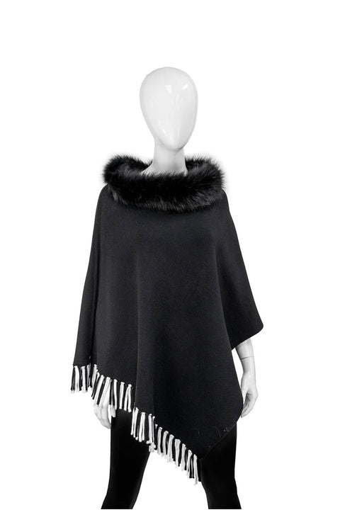 REVERSIBLE STRIPE PONCHO W/FUR COLLAR