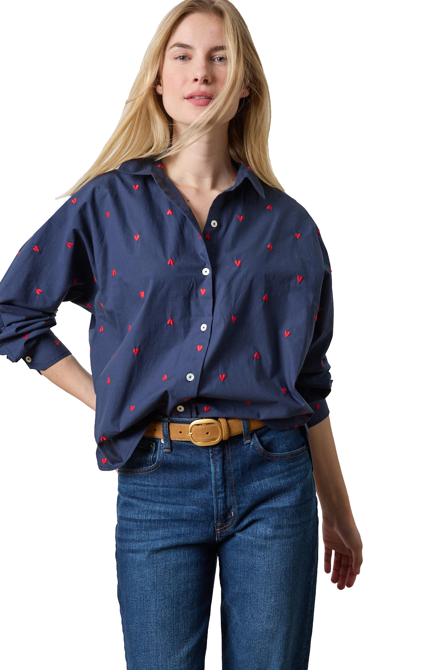EMBROIDERED HEART BUTTON DOWN SHIRT - Blouses - Sassanova