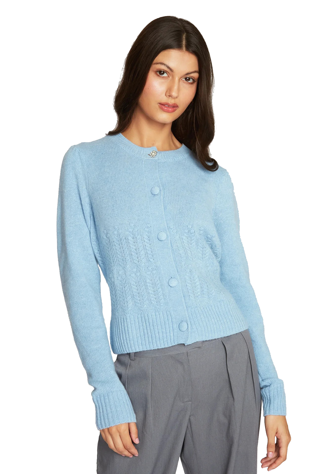 PUFF SLV POPCORN STITCH CARDIGAN - Sweaters - Sassanova