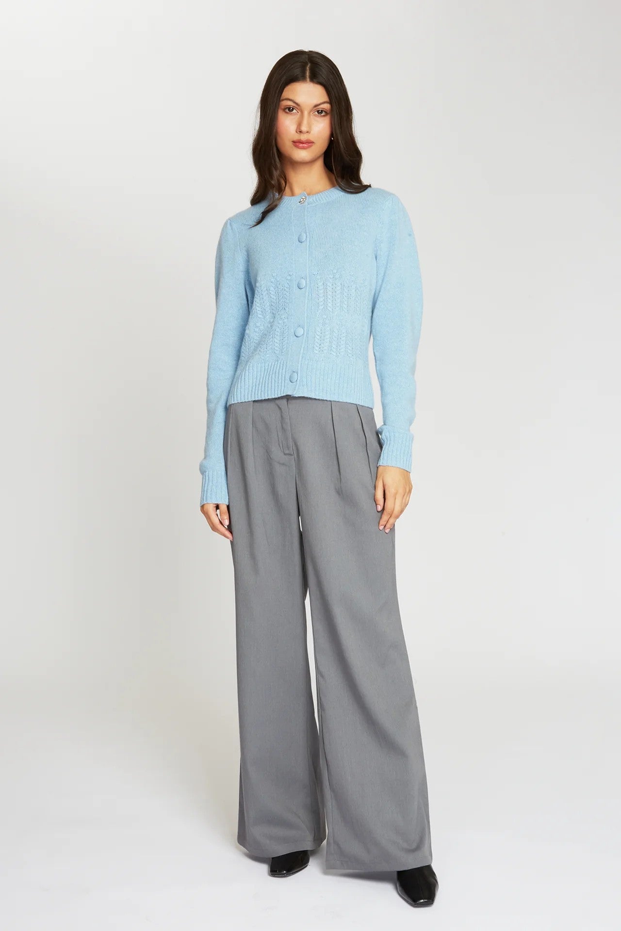 PUFF SLV POPCORN STITCH CARDIGAN - Sweaters - Sassanova