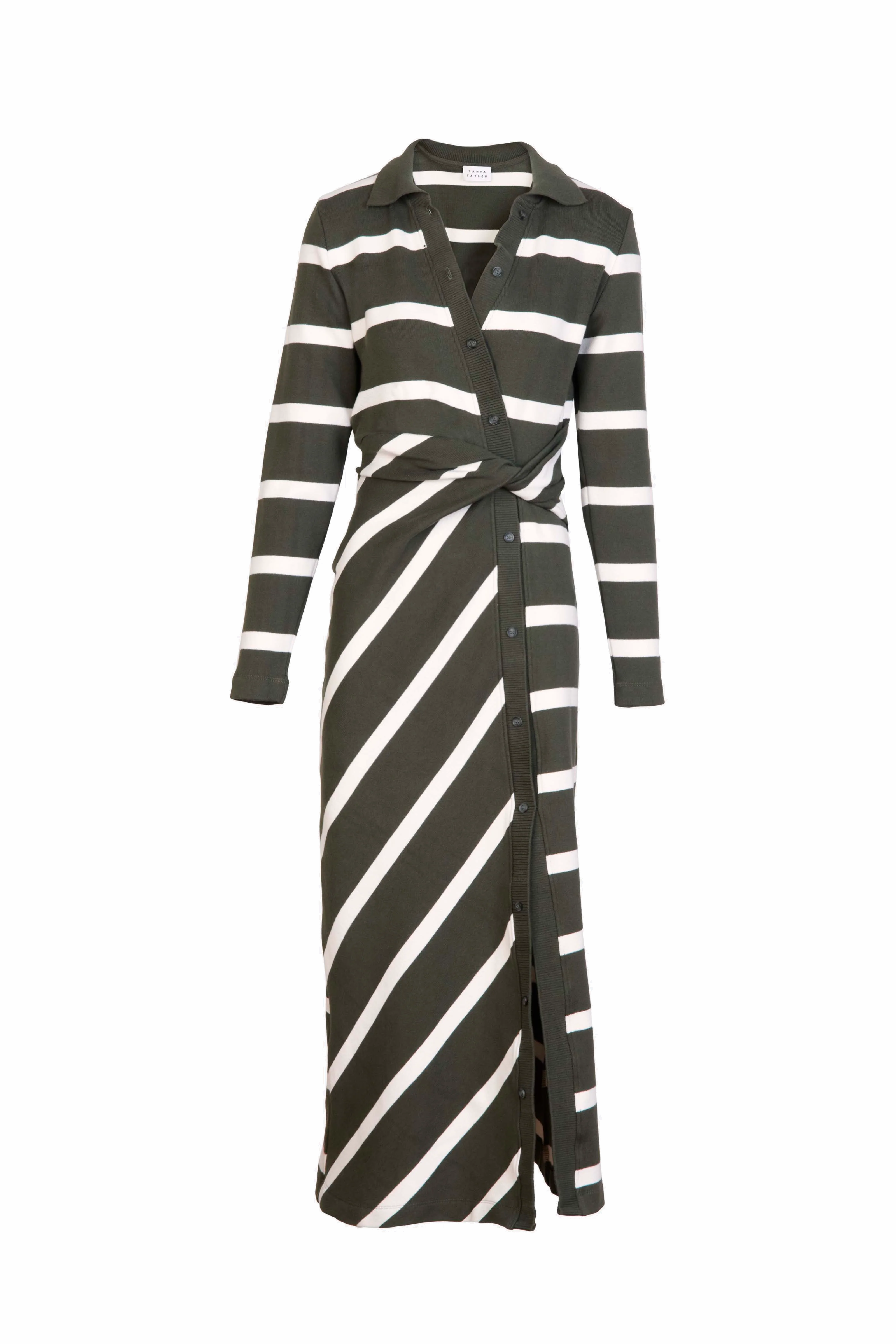 Elllicot long-sleeved dress with green and white stripes and knot twist waist-sassanova