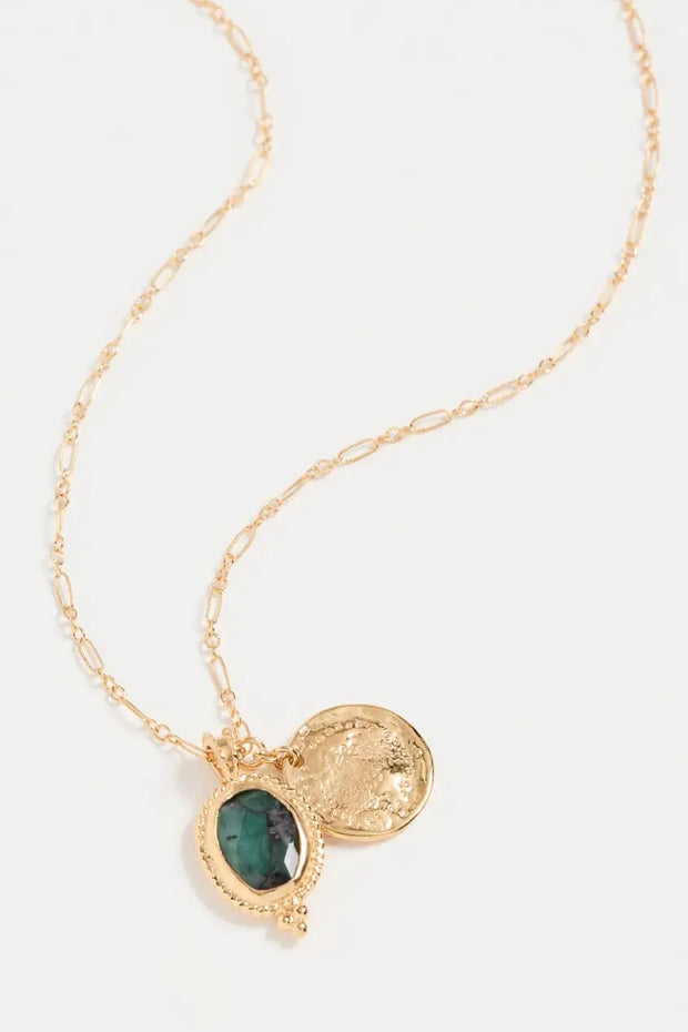 EMERALD PENDANT & COIN NECKLACE- GLD