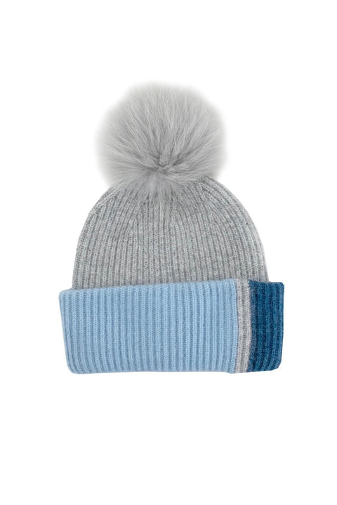 COLORBLOCK KNIT HAT W/FUR POM POM