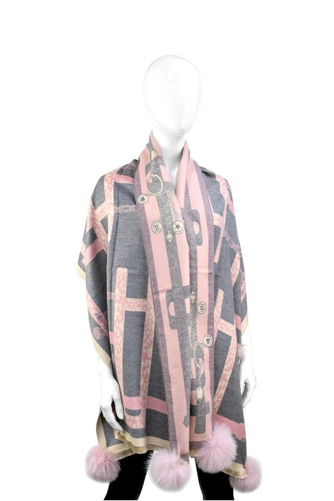 SCARF W/ANIMAL PRINT DESIGN & FUR POMS
