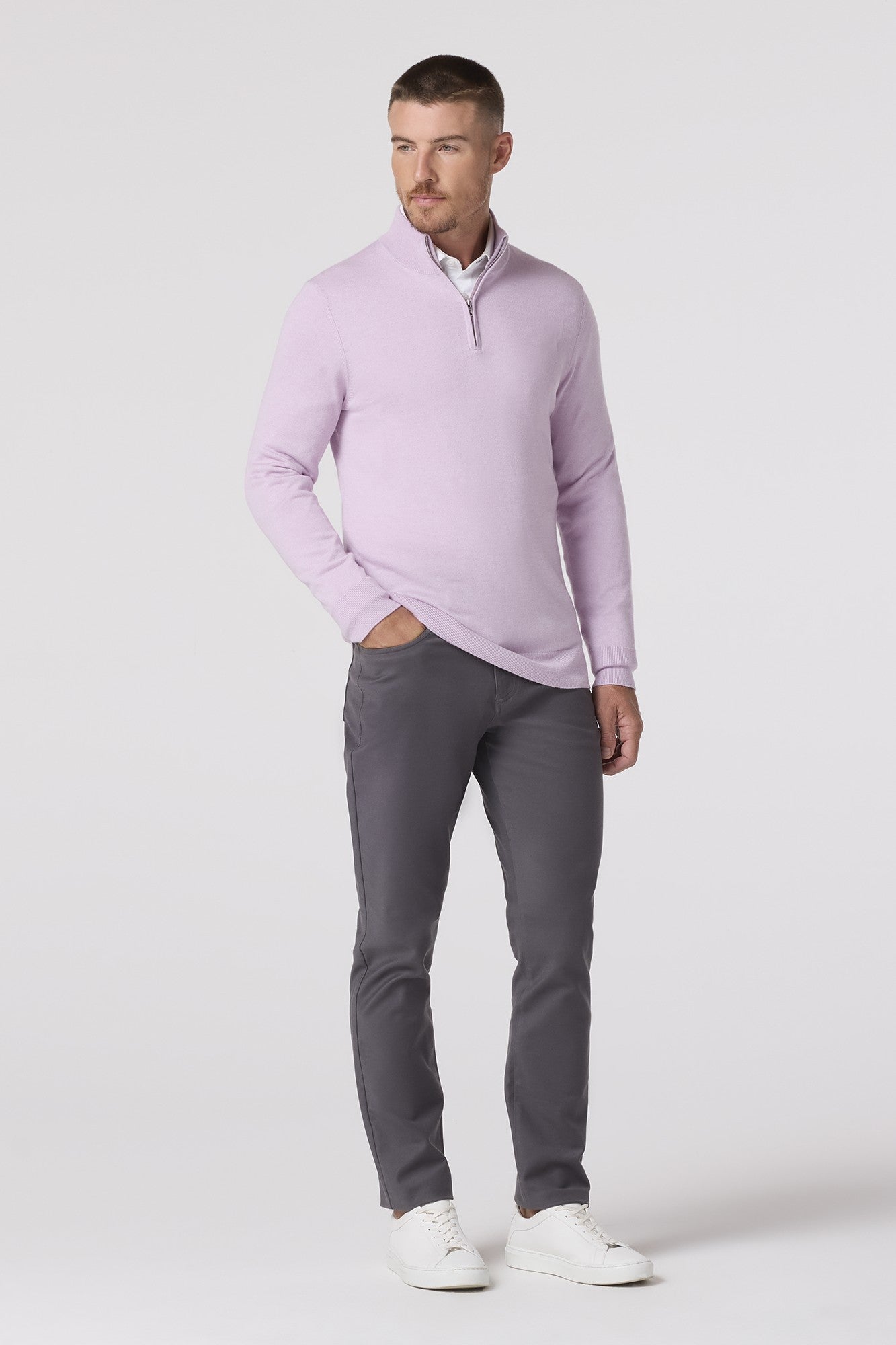 long sleeved, lavender colored pullover with quarter zip neckline-novaman
