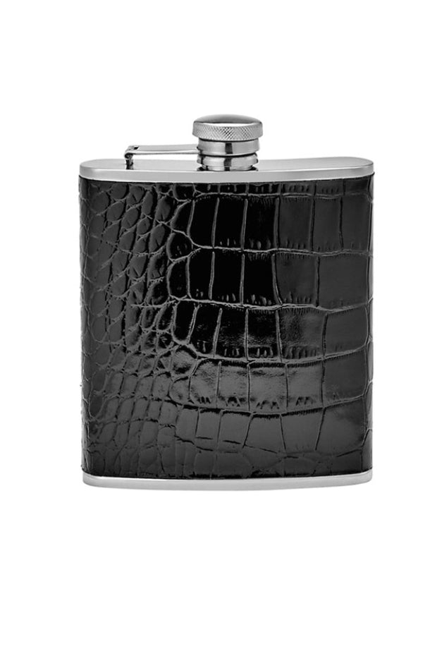 LEATHER WRAPPED FLASK- BLACK CROC