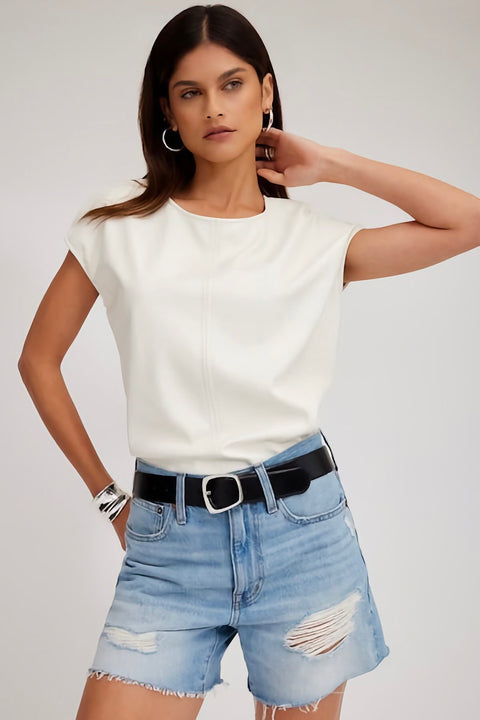 SHORT SLV FAUX LEATHER TOP