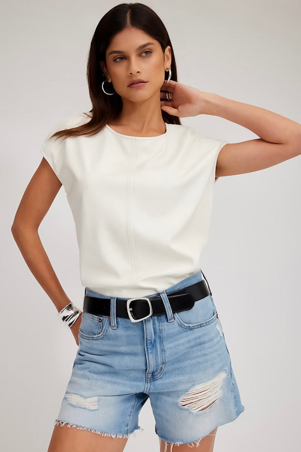 SHORT SLV FAUX LEATHER TOP