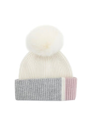 COLORBLOCK KNIT HAT W/FUR POM POM