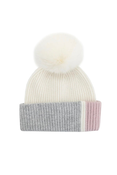 COLORBLOCK KNIT HAT W/FUR POM POM