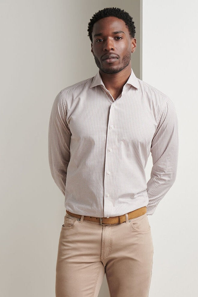 TORINO COTTON SPORT SHIRT with long sleeves and a white and light brown plaid print-novaman