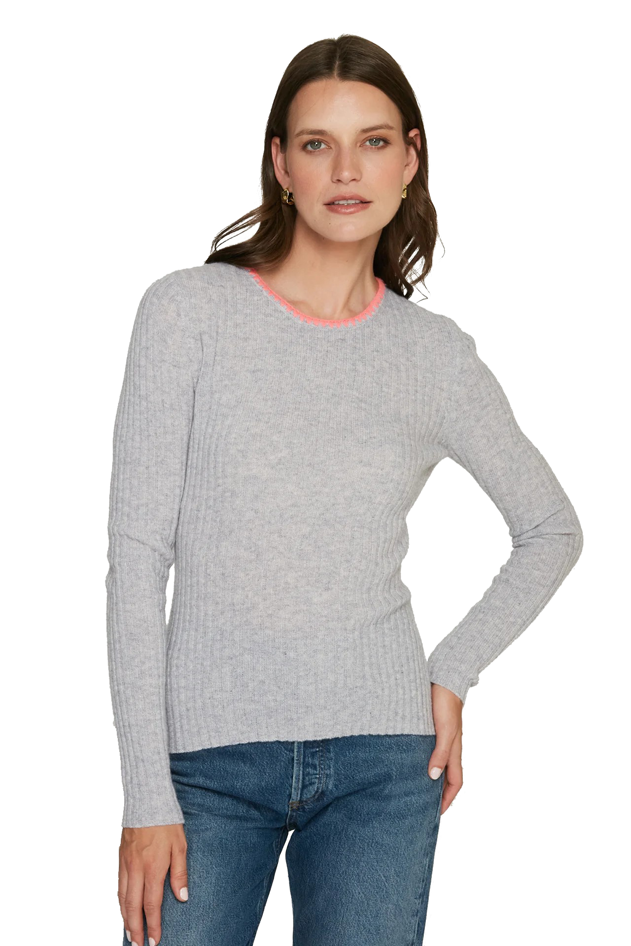 RIB CREW W/ BLANKET STITCH NECKLINE - Sweaters - Sassanova