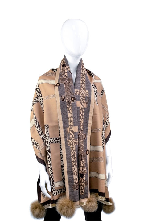 SCARF W/ANIMAL PRINT DESIGN & FUR POMS