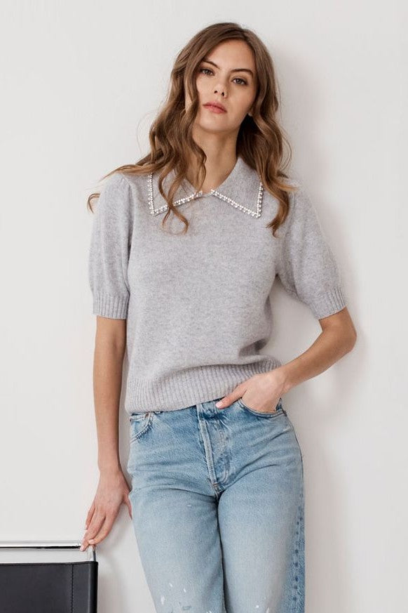 PETER PAN COLLAR W/ RHINESTONE TRIM - Sweaters - Sassanova