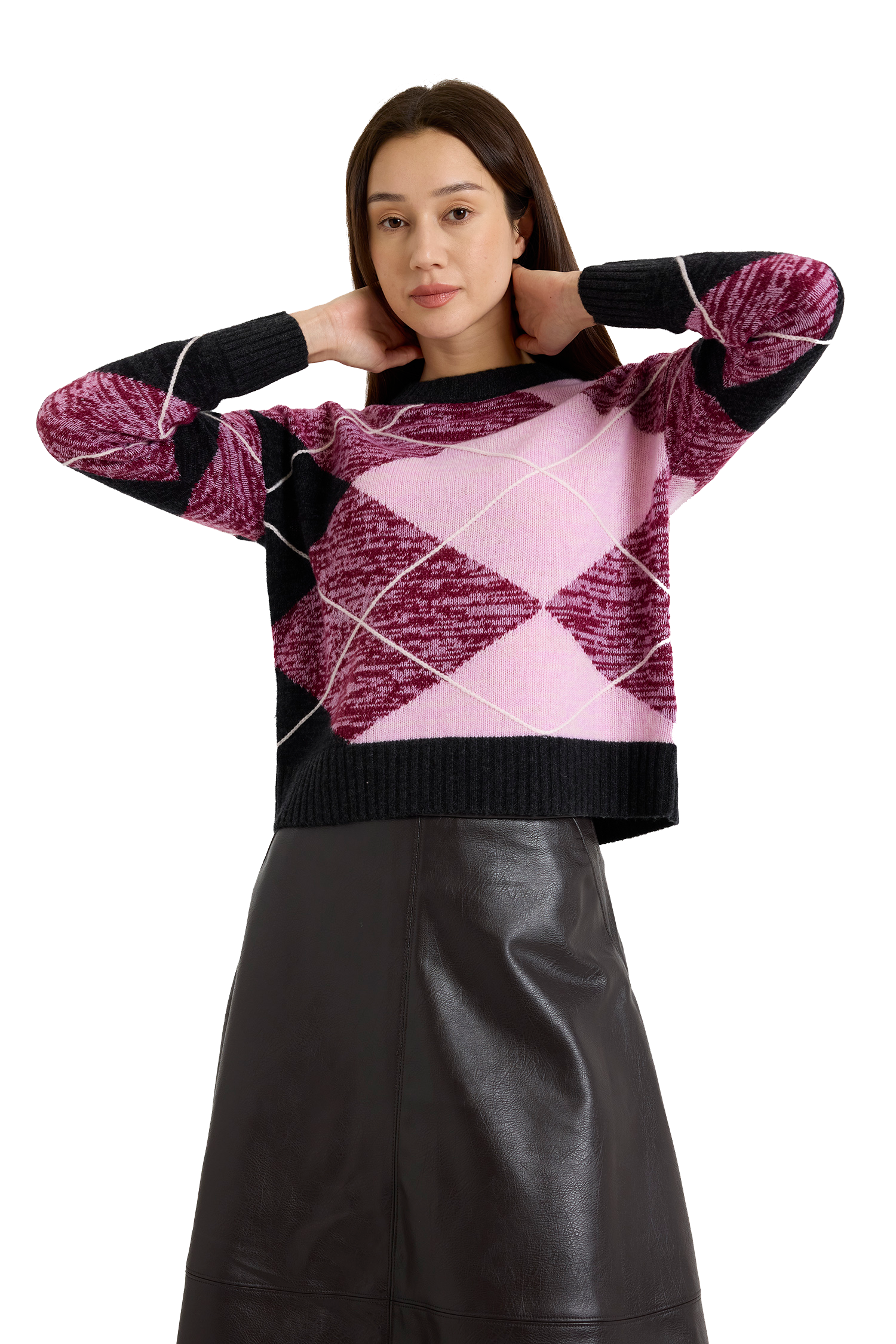 Long sleeved argyle crewneck sweater with mauve, pink, black, and white argyle print and black color blocked trim-sassanova