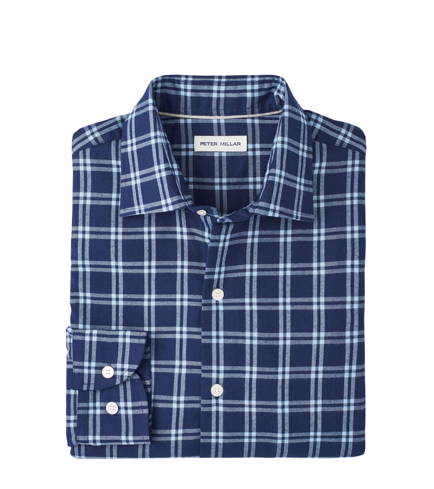 MYSTIC PERFORMANCE FLANNEL SPORT SHIRT with a dark navy and white plaid print and long sleeves-novaman