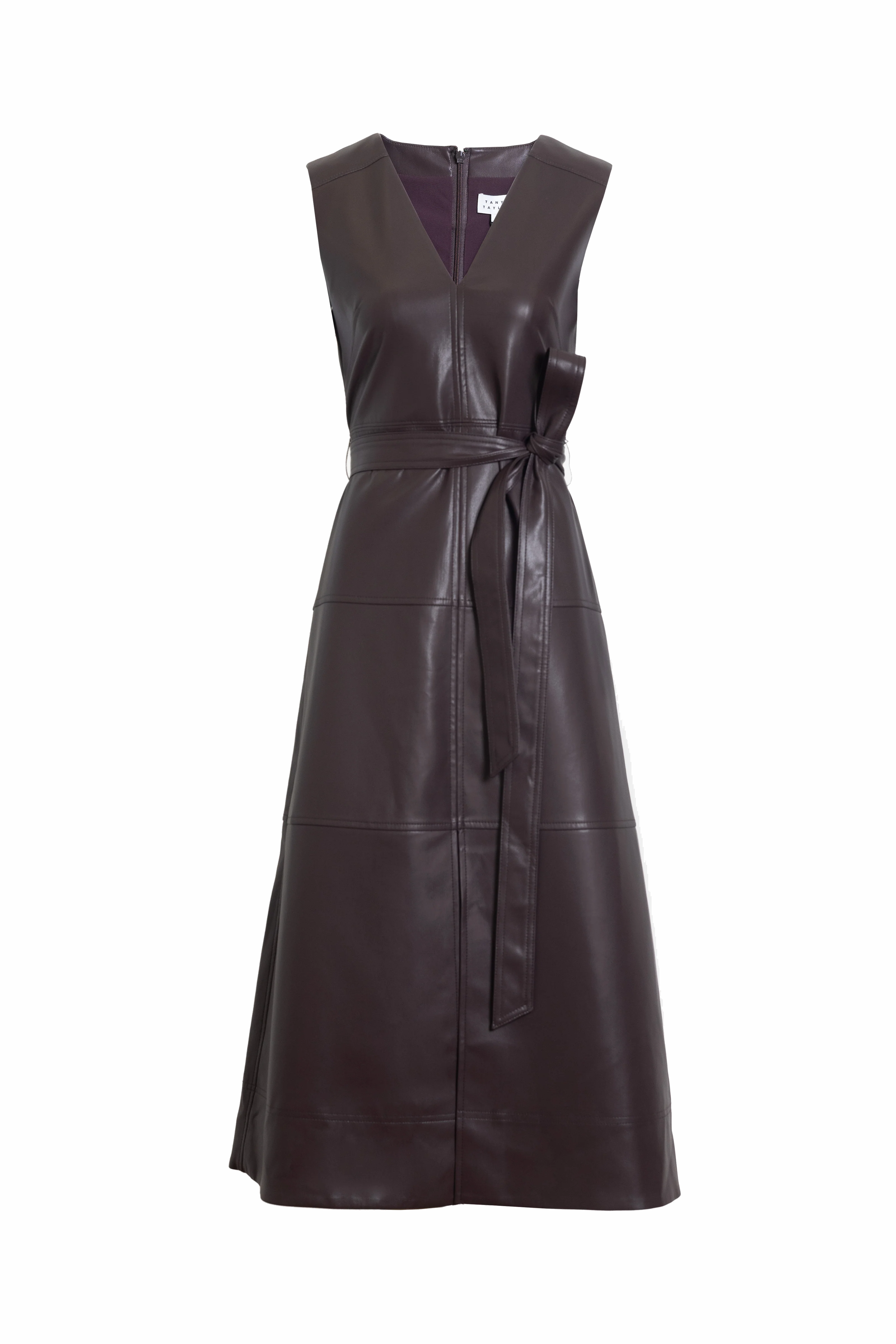 Vegan leather Reina dress in a solid oxblood color with a-line skirt and tie waist-sassanova
