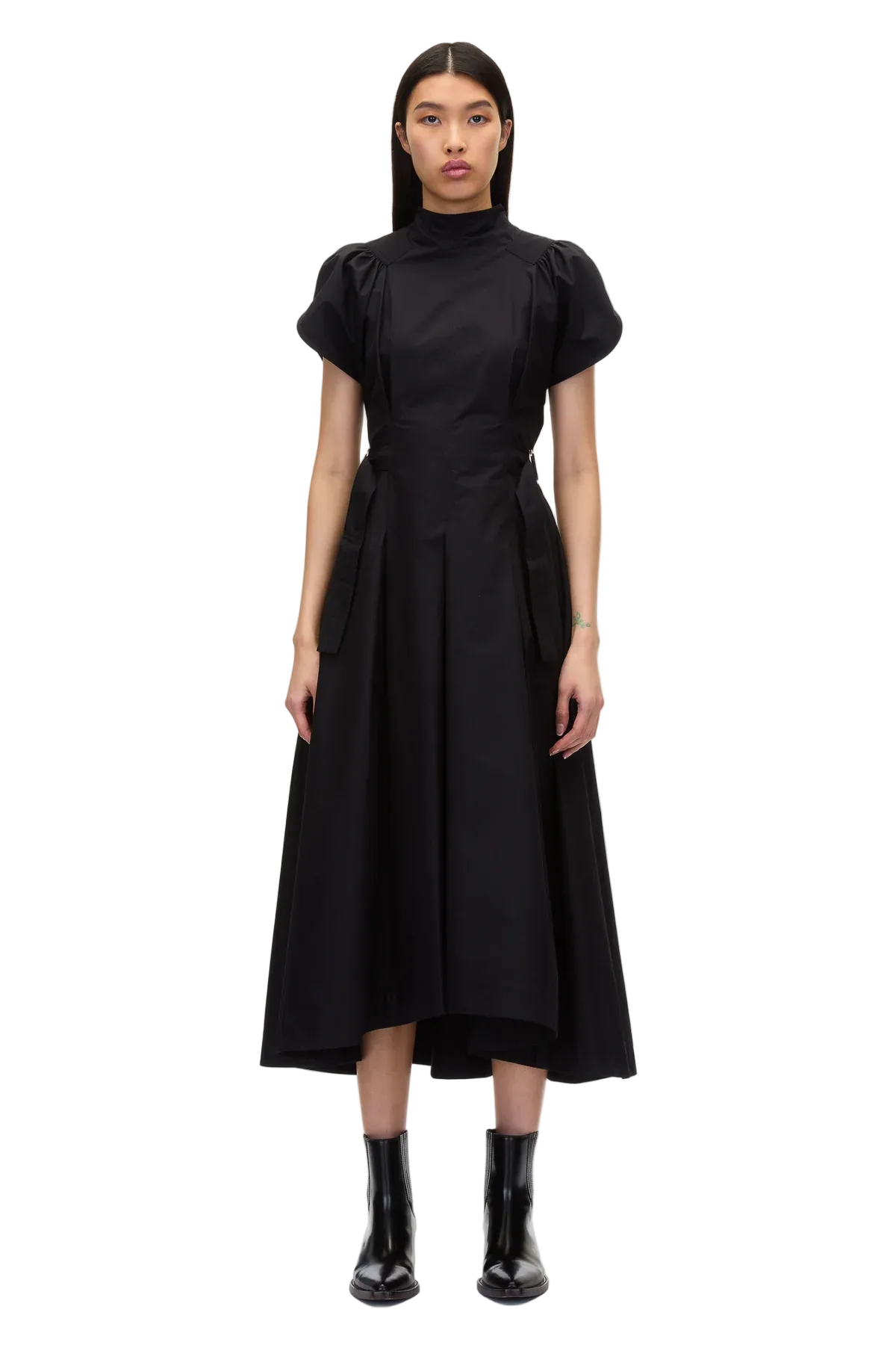 PUFF SHORT SLEEVE SIDE TIE POPLIN FLARE DRESS Sassanova