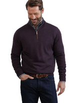 Autumn Crest suede trim sweater in dark purple with 1/4 zip neckline-novaman