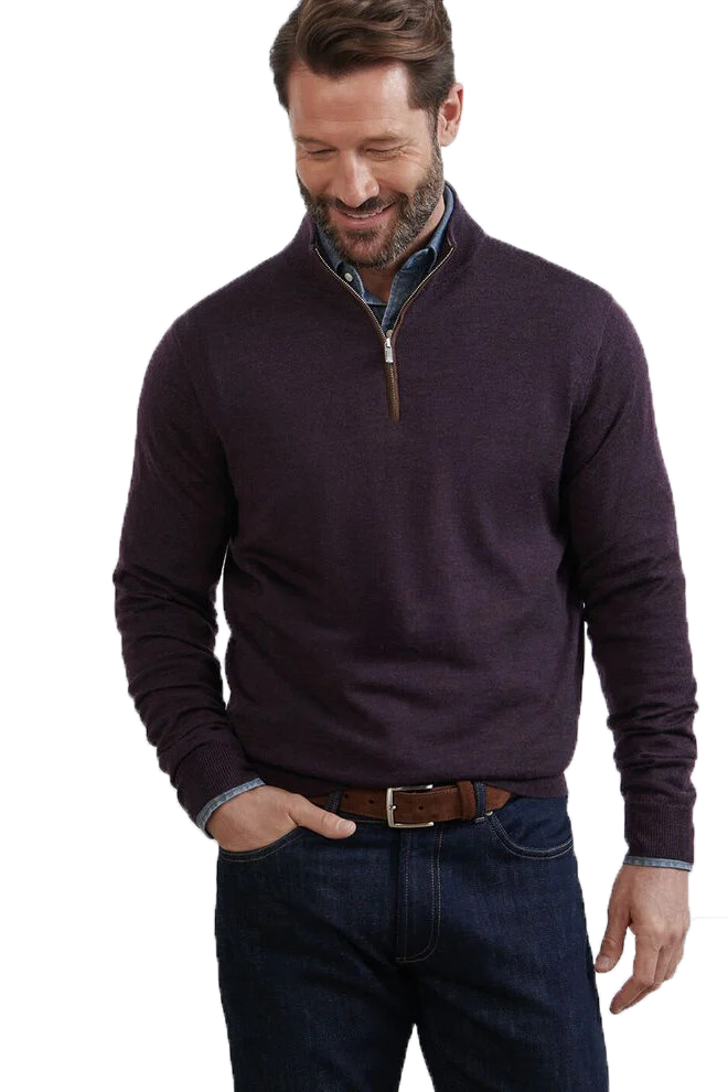 Autumn Crest suede trim sweater in dark purple with 1/4 zip neckline-novaman