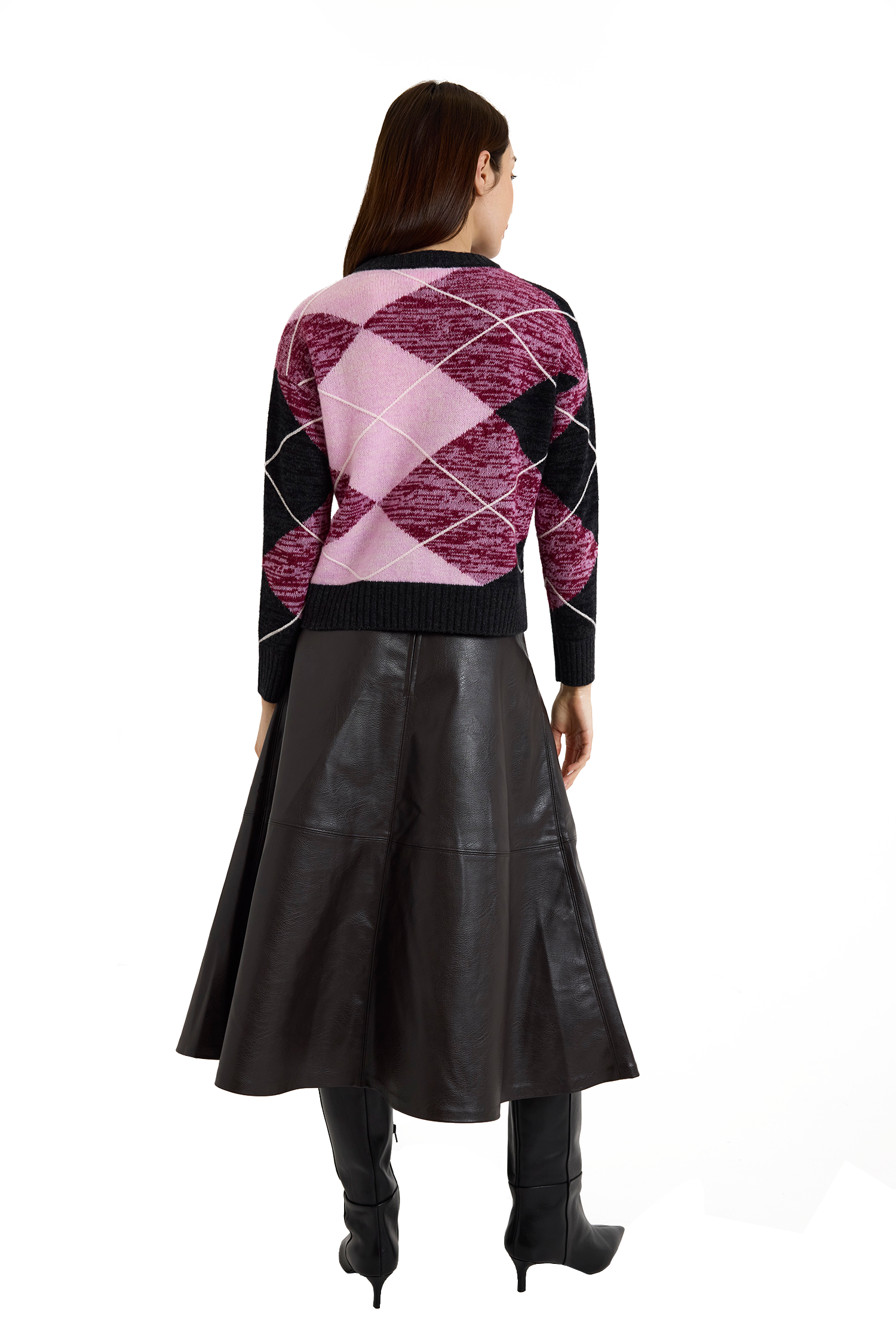 Long sleeved argyle crewneck sweater with mauve, pink, black, and white argyle print and black color blocked trim-sassanova