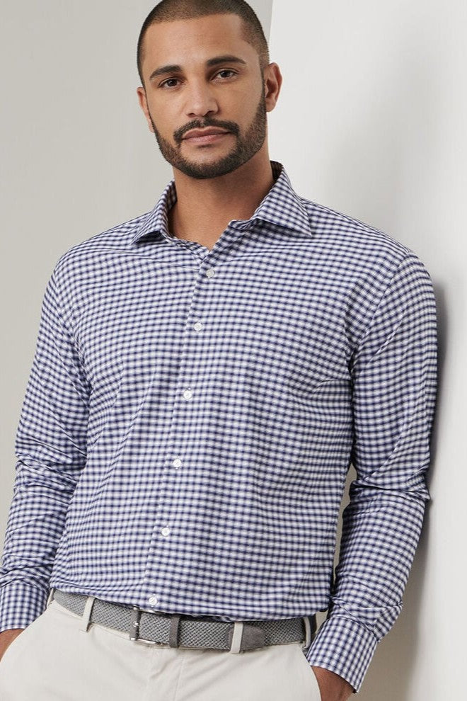 FAIRBANKS TWILL SPORT SHIRT with long sleeves and navy and white plaid print-novaman