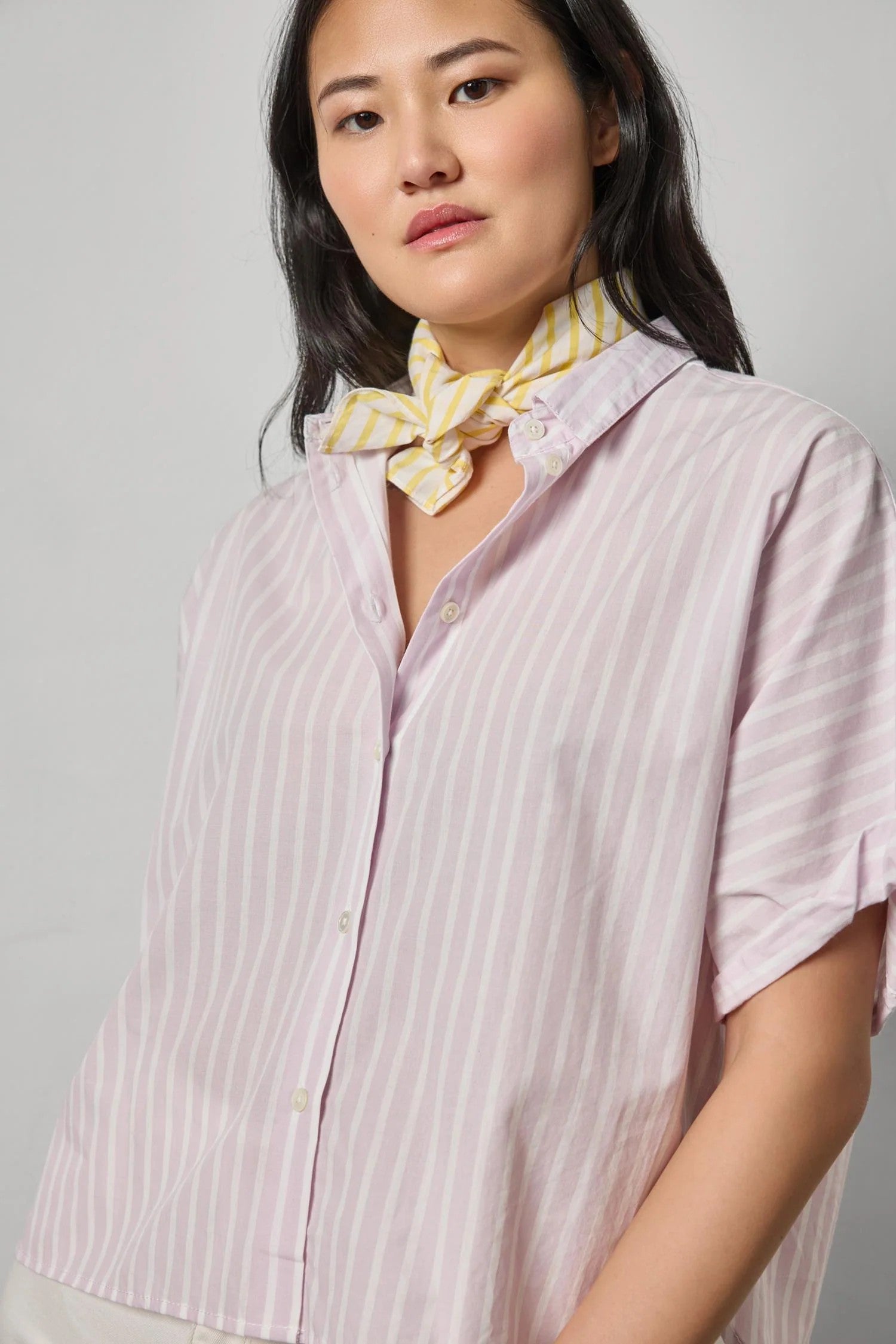 STRIPED OVERSIZED BUTTON DOWN DOLMAN - Blouses - Sassanova