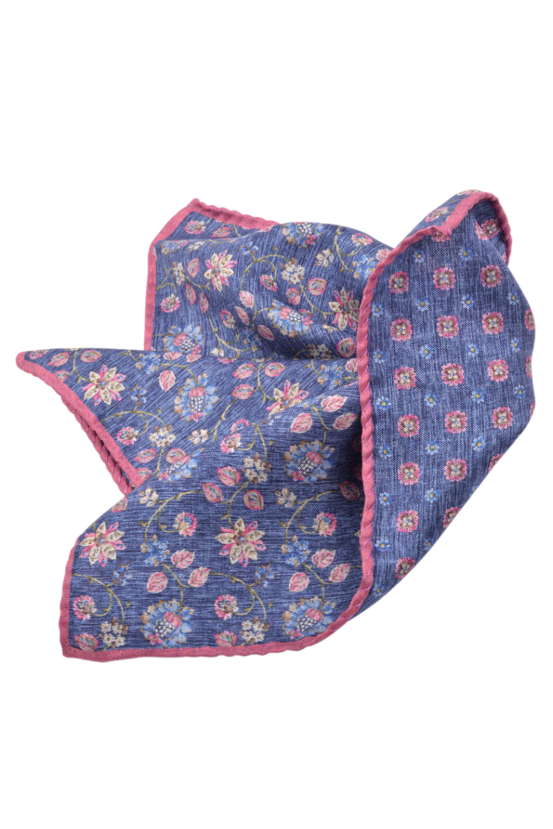 ITALIAN SILK FLORAL POCKET SQUARE DENIM - Ties - Novaman
