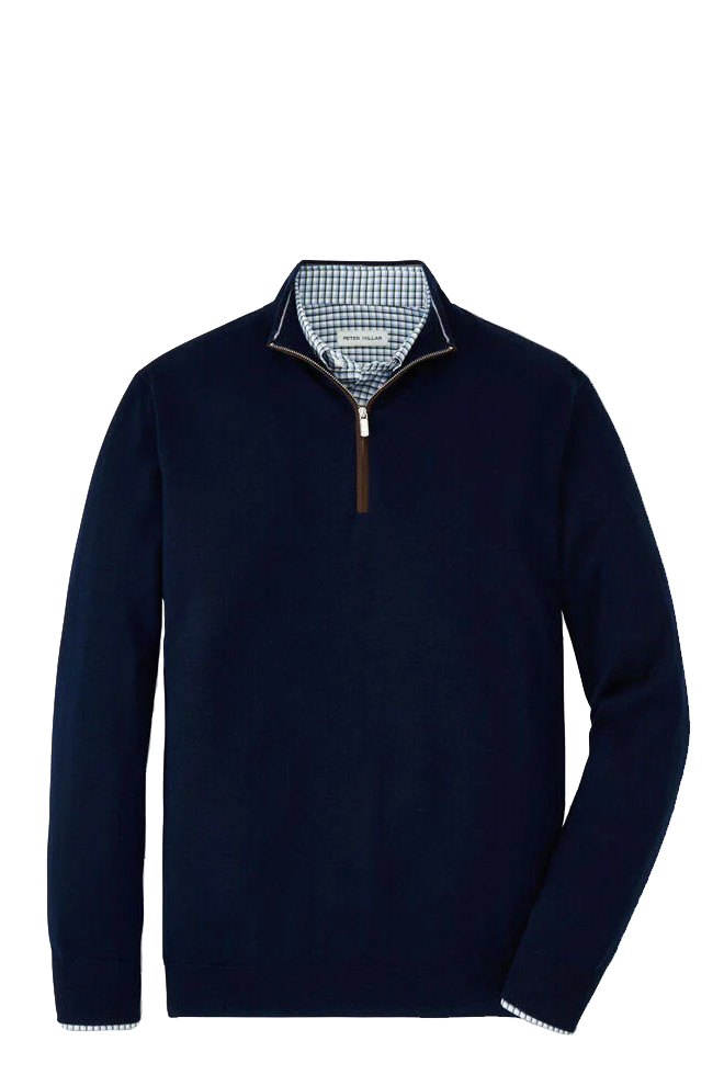 Autumn Crest suede trim sweater with quarter zip neckline in dark navy-novaman