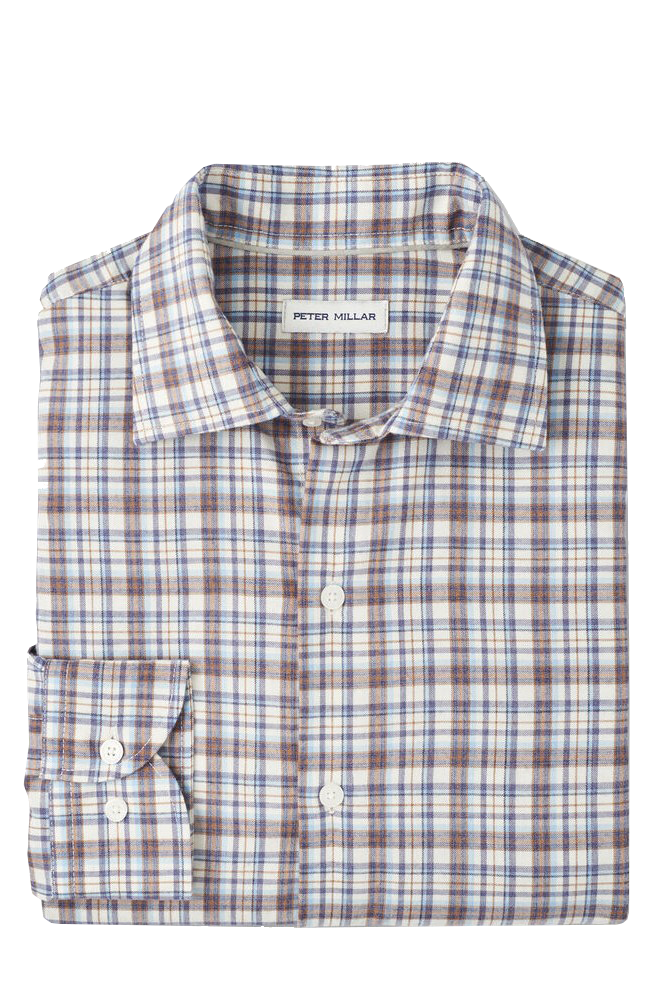 WAYNESVILLE PERFORMANCE FLANNEL SPORT SHIRT with long sleeves and a brown, blue, and beige plaid print-novaman
